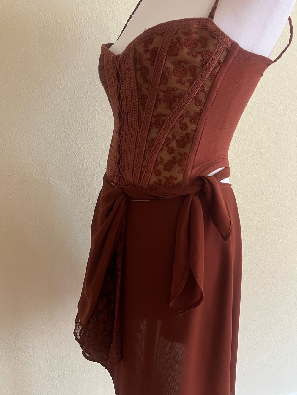Ritmo di Perla Italy 2PC Set Brown Lace Corset Mini Skirt Size 42 Vintage - Picture 5 of 12